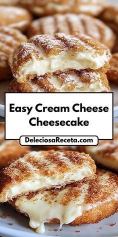 an easy cream cheese cheesecake on a plate with the words, easy cream cheese cheesecake