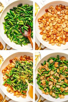 four pictures showing the steps to make stir fry chicken and green beans in a skillet