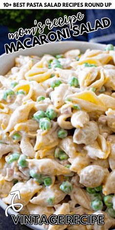 a bowl filled with pasta and peas on top of a table
