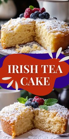 there is a cake with berries on it and the words irish tea cake above it