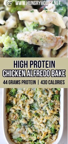 chicken alfredo bake with broccoli and cheese in a casserole dish