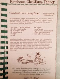 an old recipe book with instructions on how to bake christmas cookies for grandma's swiss string beans