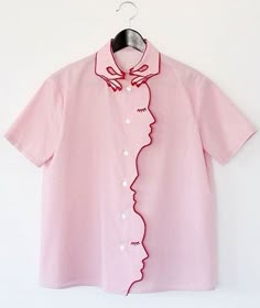 Shirt With Shapes, Interesting Shirt Designs, Playful Collared Shirt For Summer, Graphic Collar Shirt, Embroidered Shirt Fashion Trends, Pink Shirt Embroidery, Piping Clothing, Weird Collar Design On Fashion, Issey Miyake Shirt Vintage