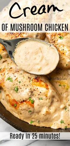 closeup of a spoonful of sauce over a skillet with text overlay that reads cream of mushroom chicken - ready in 25 minutes!