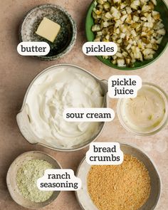 the ingredients for this recipe include sour cream, bread crumbs, pickles, pickle juice and sour cream
