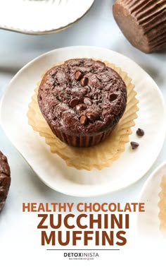 healthy chocolate zucchini muffins on a plate