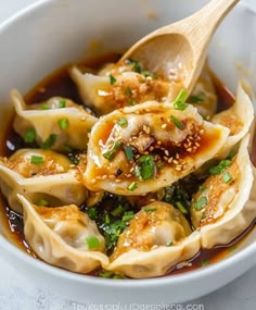 a white bowl filled with dumplings covered in sauce and garnished with green onions