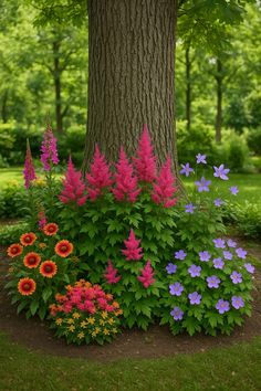 colorful flowers are blooming around the base of a tree