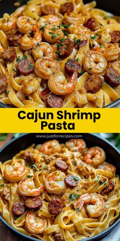 two pictures of pasta with shrimp and sausage in it, one is cooked and the other has