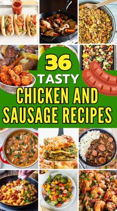 chicken and sausage recipe collage with the title overlay reads, 365 tasty chicken and sausage recipes