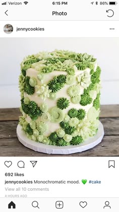 the cake is decorated with green flowers and icing on it's top layer