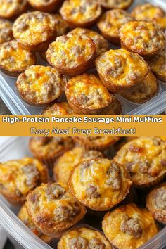 two pictures of mini muffins with cheese on top and the words high protein pancake sausage mini muffins easy meal prep breakfast
