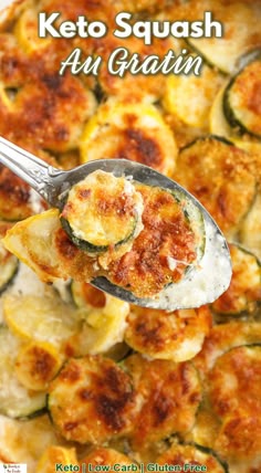 A squash au gratin casserole dish with a spoonful of creamy cheesy zucchini coming out of the dish.