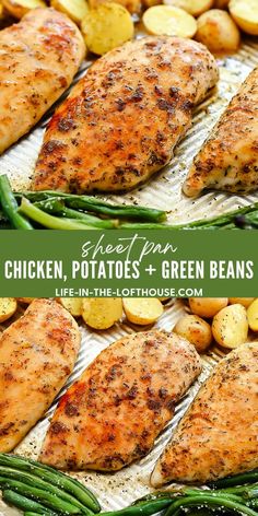 chicken, potatoes and green beans on a sheet pan with the title text above it