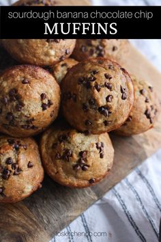 chocolate chip muffins stacked on top of each other with text overlay that reads sourdough banana chocolate chip muffins