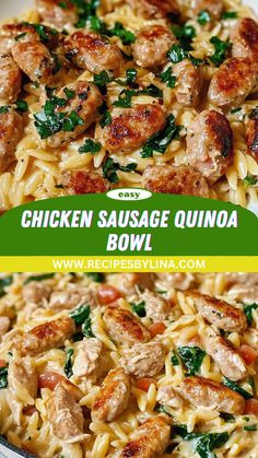 chicken sausage quinoa with spinach in a skillet on a white plate