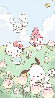 an image of hello kitty on the hill with flowers and butterflies in the sky above