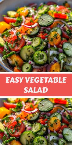 This Pinterest pin showcases a vibrant and colorful fresh vegetable salad. The image highlights the variety of crisp vegetables and tangy dressing. A perfect choice for healthy eaters and those looking to add more greens to their diet.