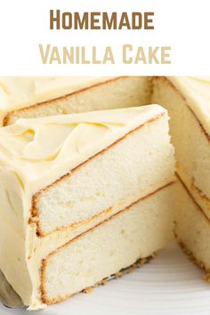 a white cake with vanilla frosting cut into slices