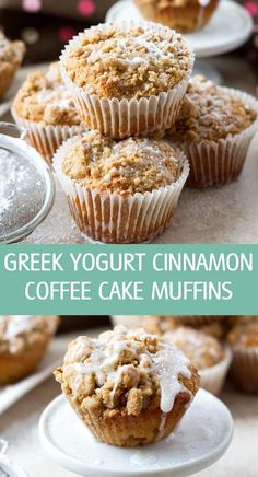 some cupcakes that are sitting on top of each other with the words greek yogurt cinnamon coffee cake muffins