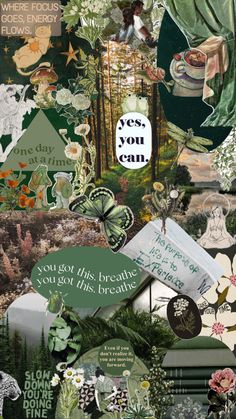 the collage has many different pictures and words on it, including flowers, trees, and other things