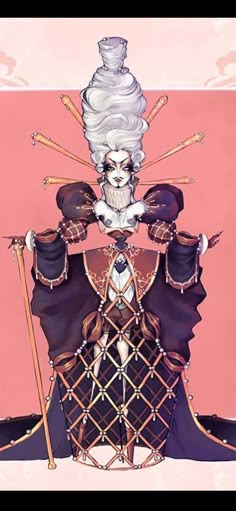 a drawing of a woman dressed in black with white hair and holding two ski poles