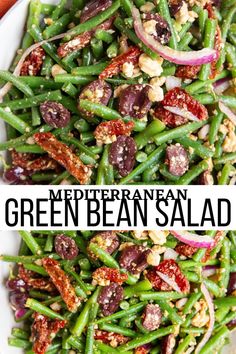 green bean salad on a white plate with red onions and walnuts in the middle