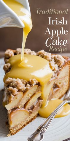 a slice of traditional irish apple cake is being drizzled with caramel