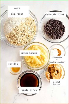 the ingredients to make oatmeal are shown in bowls