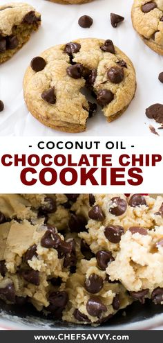 chocolate chip cookies with text overlay that reads, coconut oil chocolate chip cookies recipe