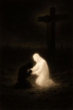 a man kneeling down next to a woman in the water with a cross behind him