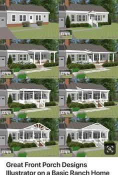 several pictures of different types of houses in the same pattern, each with porches and windows