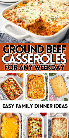 Ground beef casserole photo collage with text overlay.