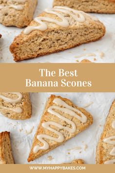 the best banana scones with white icing on top are shown in this collage