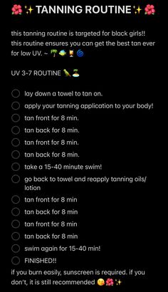a black background with text that says tanning routine