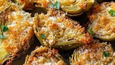 artichokes stuffed with parmesan cheese and garnished with herbs