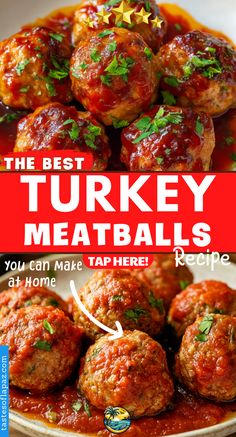 This eye-catching pin features juicy, golden-brown turkey meatballs coated in rich, glossy BBQ-style tomato sauce and topped with fresh herbs. The bold red banner highlights “The Best Turkey Meatballs Recipe,” while playful text encourages users to “Make at Home” and “TAP HERE!” for the easy and delicious recipe—perfect for a quick, healthy, and family-friendly dinner idea.