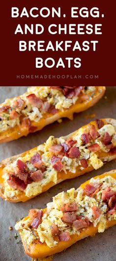 bacon egg and cheese breakfast boats on a baking sheet with text overlay that reads bacon egg and cheese breakfast boats