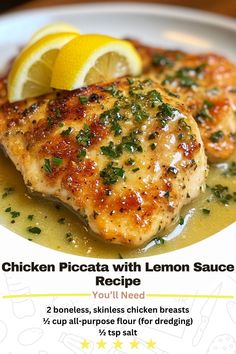 chicken piccata with lemon sauce on a white plate
