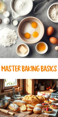 Essential Baking Techniques for Beginners featuring simple hacks and methods. Two images showcasing baking tools and fresh baked goods.