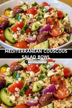 two bowls filled with different types of salads and one bowl full of food that includes cucumbers, tomatoes, olives, corn, and other veggies