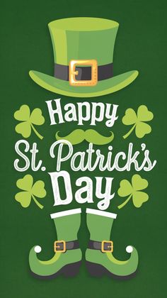 a st patrick's day card with a lepreite hat and shamrocks