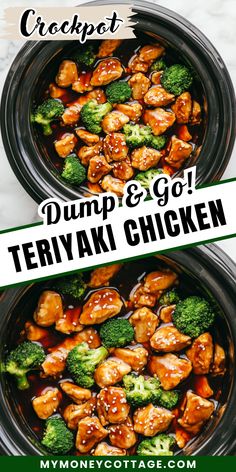 two crockpots filled with chicken and broccoli in teriyaki sauce