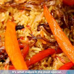 rice with carrots and other vegetables is shown on a plate that says, it's what makes it the most special
