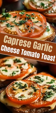 Toast slices topped with mozzarella, tomato slices, basil, and garlic, arranged on a white plate with olive oil drizzle.