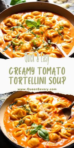 creamy tomato tortellini soup in a bowl with a spoon and title text overlay
