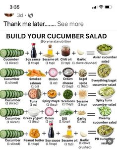 the cucumber salad chart is shown with ingredients and instructions to make it easier for you