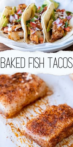 baked fish tacos on a white plate with text overlay that reads baked fish tacos