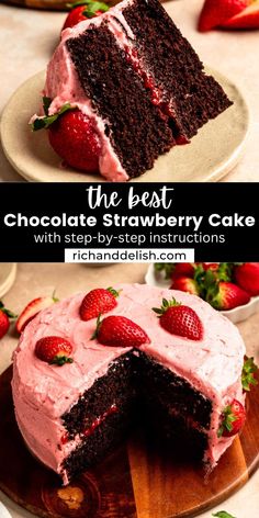 the best chocolate strawberry cake with fresh strawberries on top is cut in half and ready to be eaten