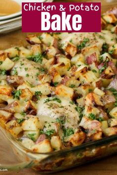 a casserole dish with chicken, potatoes and parsley in it on a wooden table